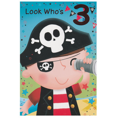 Front of this 3rd birthday card features an illustration of a boy wearing a pirate hat and a skull eyepatch, paired with a message.