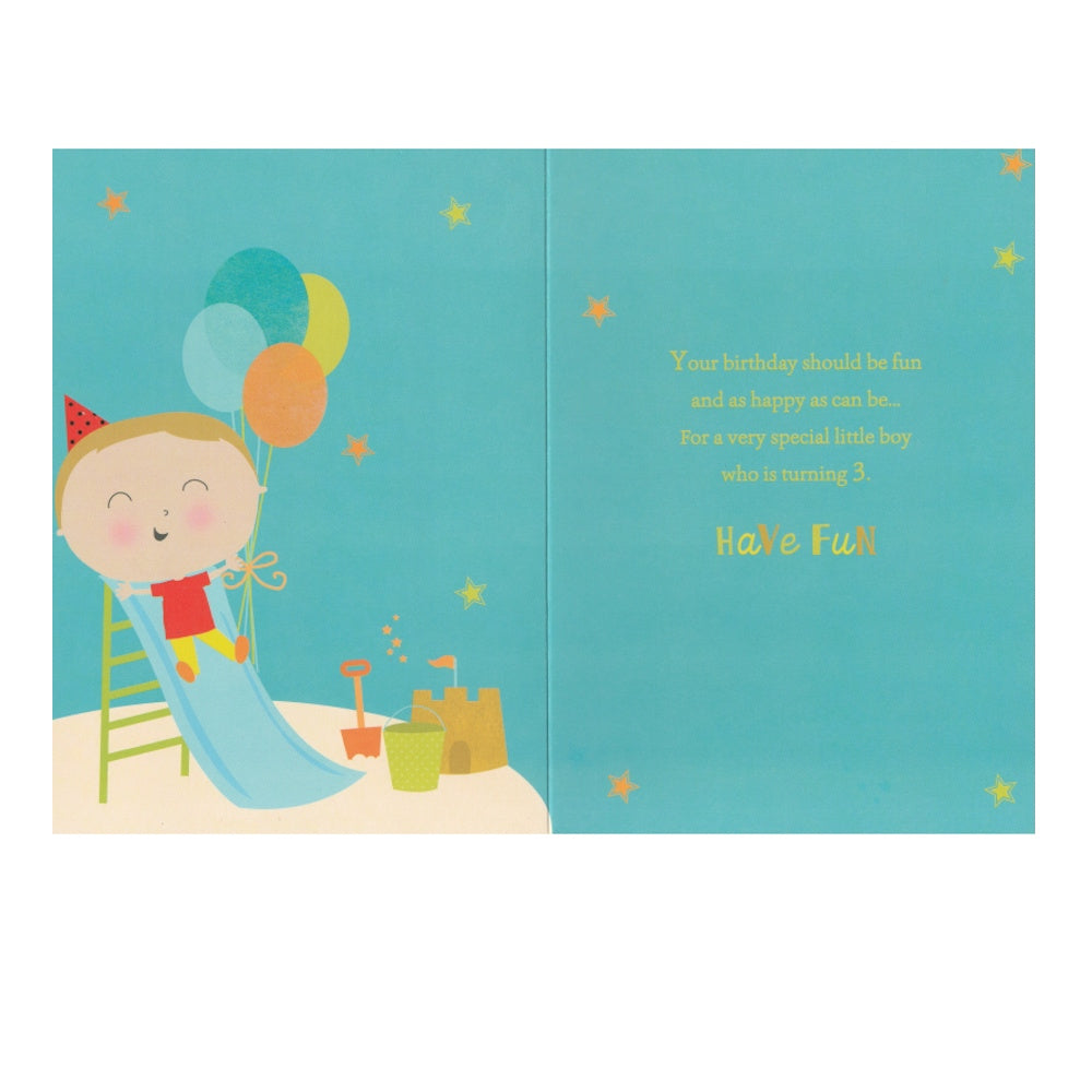 Front of this 3rd birthday card features an illustration of a boy playing on a slide, paired with a message.