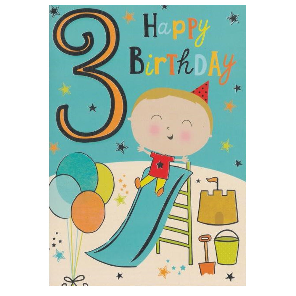 Front of this 3rd birthday card features an illustration of a boy playing on a slide, paired with a message.