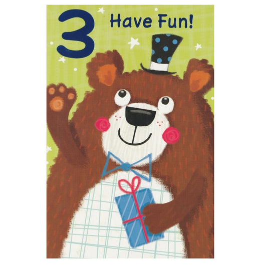 Front of this 3rd birthday card features an illustration of a bear wearing a top hat, holding a present, paired with a message.