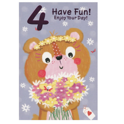 Front of this 4th birthday card features an illustration of a bear holding white, pink and purple flowers, paired with a message.