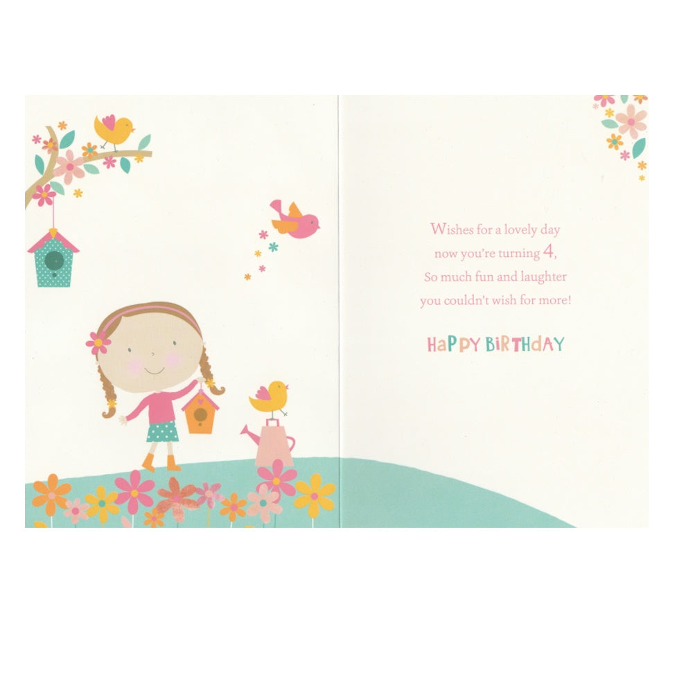 Front of this 4th birthday card features illustrations of a girl, birdhouses, flowers and birds, paired with a message.