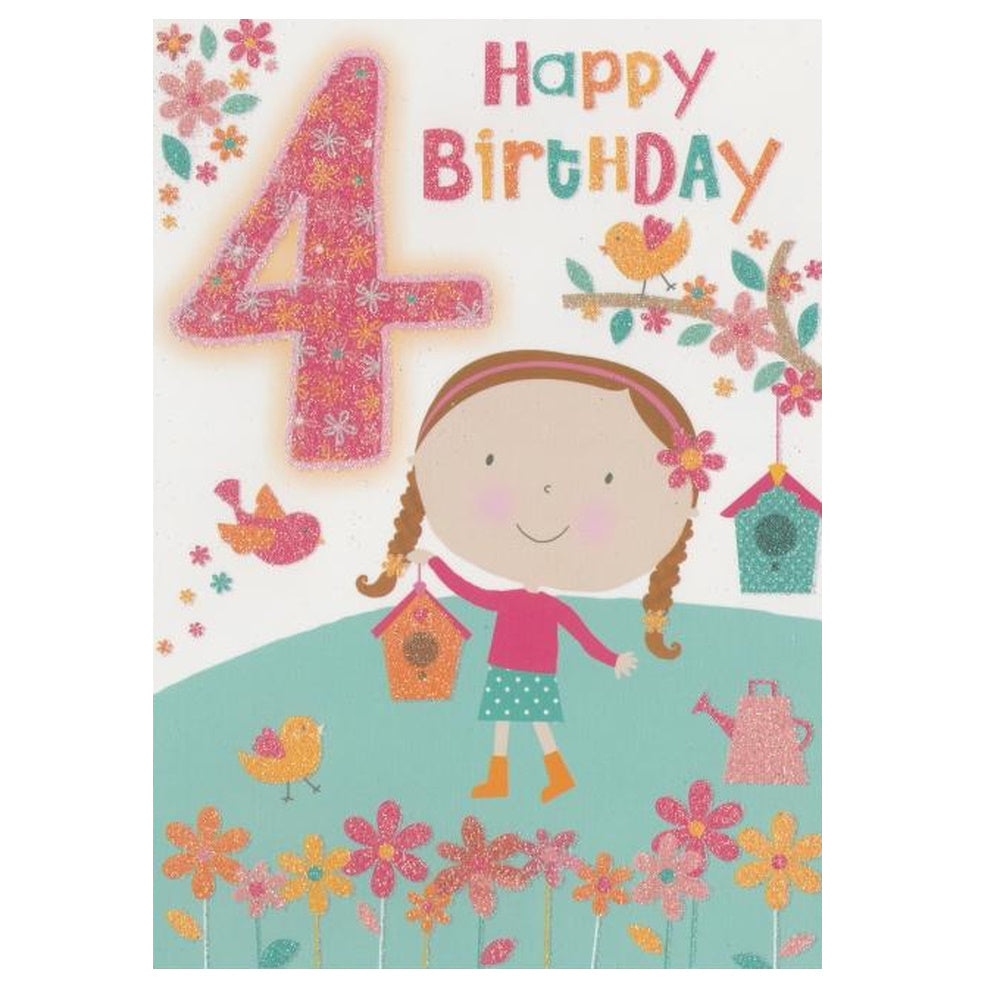 Front of this 4th birthday card features illustrations of a girl, birdhouses, flowers and birds, paired with a message.