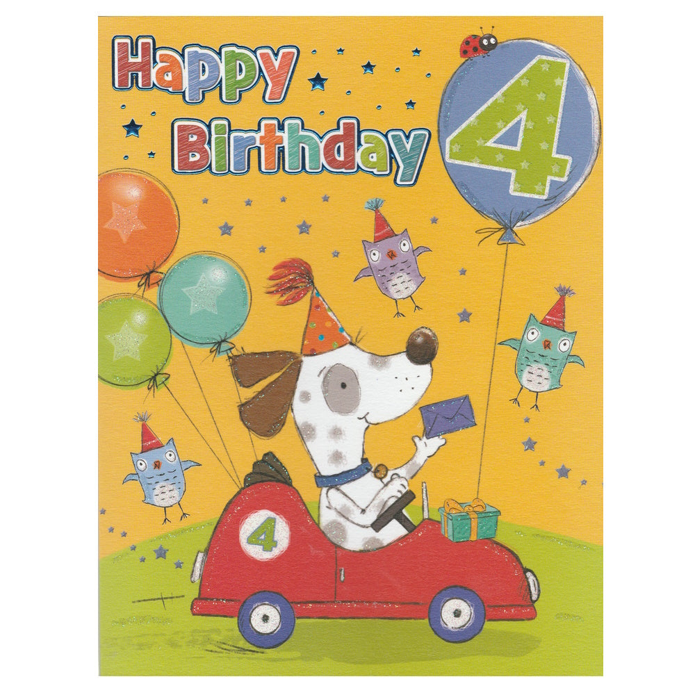 Front of this 4th birthday card features an illustration of a dog in a red car with owls and balloons, paired with a message.