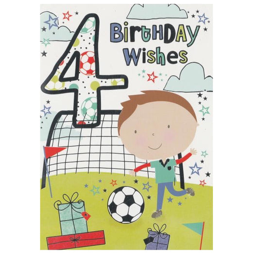 Front of this 4th birthday card features an illustration of a boy with a football and a football net, paired with a message.