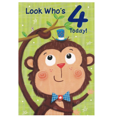 Front of this 4th birthday card features an illustration of a monkey wearing a blue orange spotted top hat, paired with a message.