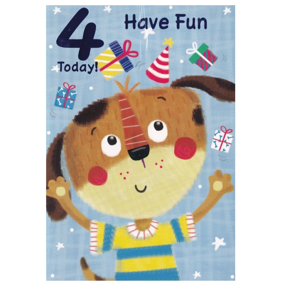 Front of this 4th birthday card features an illustration of a dog wearing a striped shirt with presents, paired with a message.