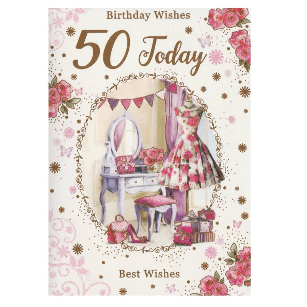 Front of this 50th birthday card features an illustration of a dressing table setting, paired with message.