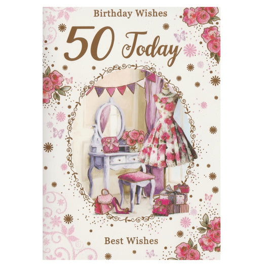 Front of this 50th birthday card features an illustration of a dressing table setting, paired with message.