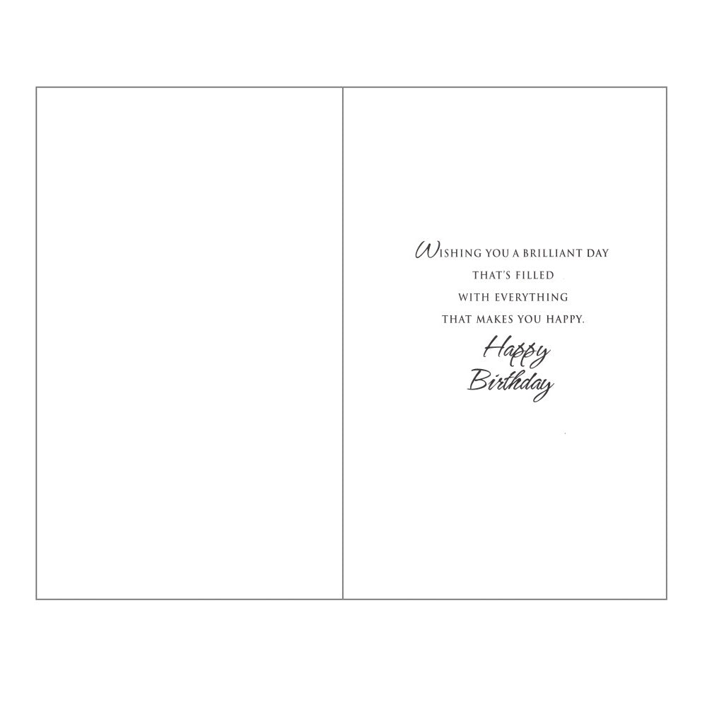 Front of this 50th birthday card features illustrations of a red radio, books, trowel and teacup, paired with message.