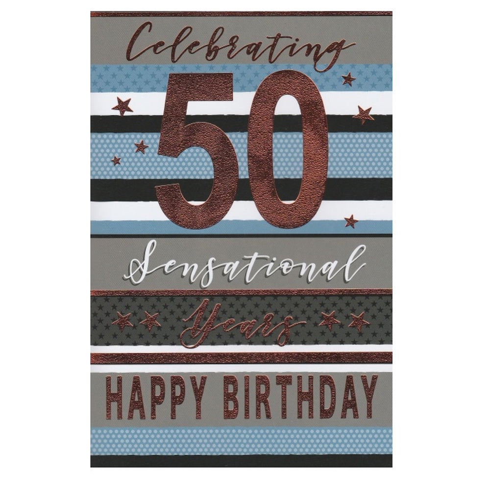 Front of this 50th birthday card features the text 'CELEBRATING 50 SENSATIONAL YEARS HAPPY BIRTHDAY' on a striped background.
