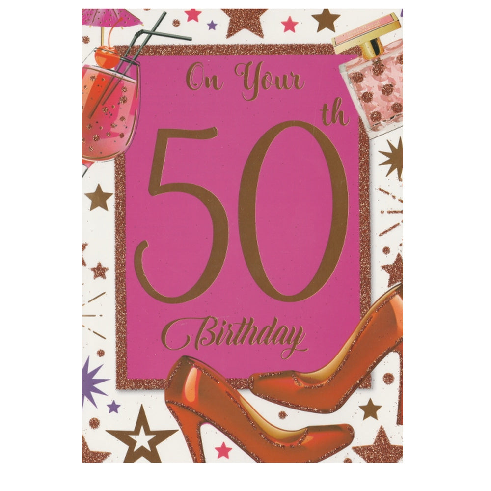 Front of this 50th birthday card features the text 'ON YOUR 50TH BIRTHDAY' with illustrations of a wine glass, perfume and and high heels.