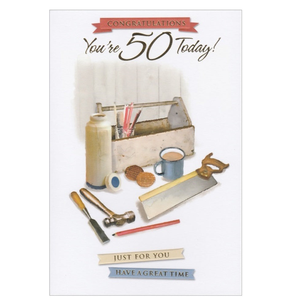 Front of this 50th birthday card features an illustration of a tool box and tools, paired with message, 