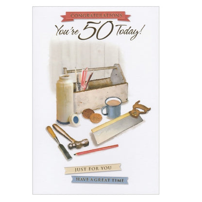 Front of this 50th birthday card features an illustration of a tool box and tools, paired with message, 