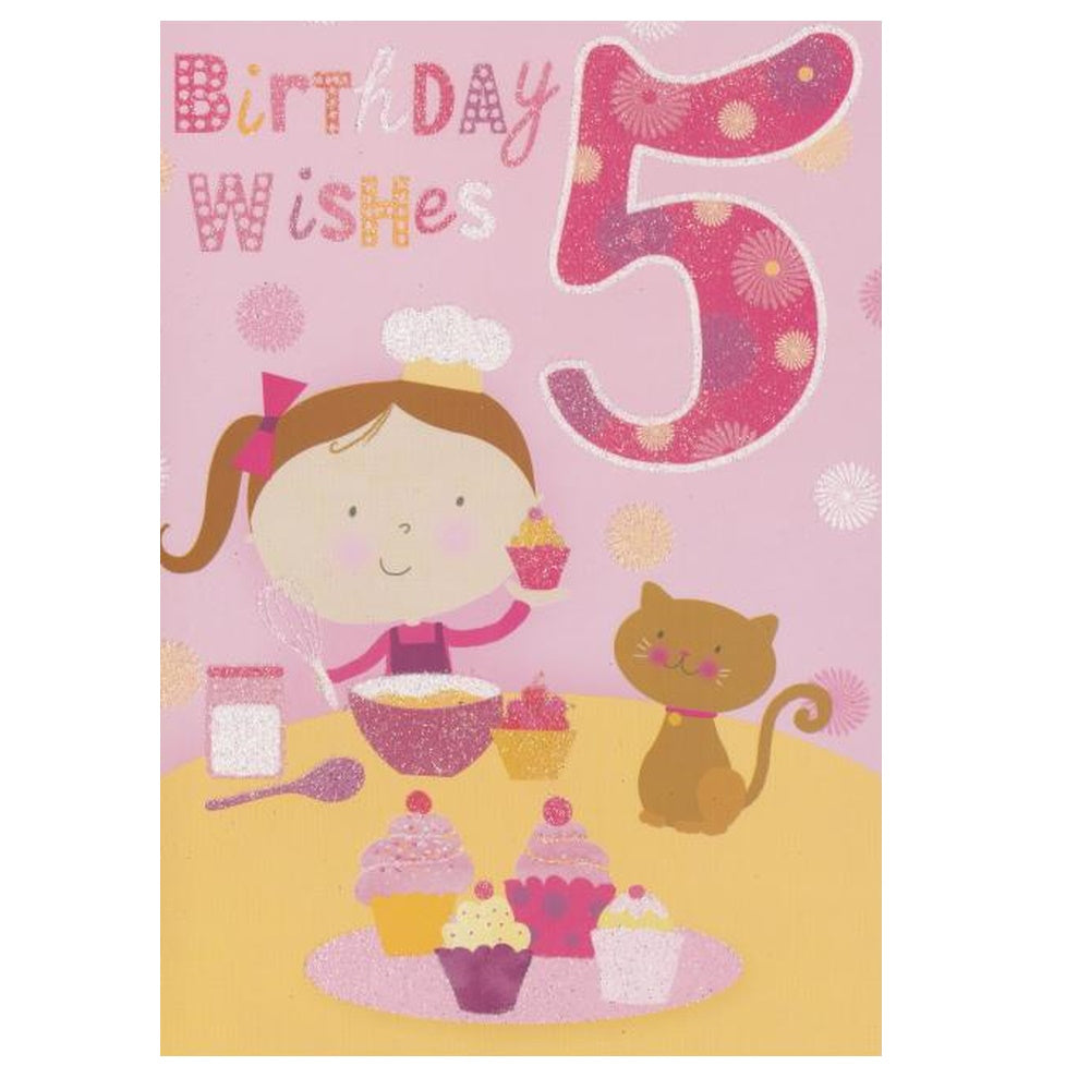 Front of this 5th birthday card features an illustration of a girl making cup cakes, paired with a message.
