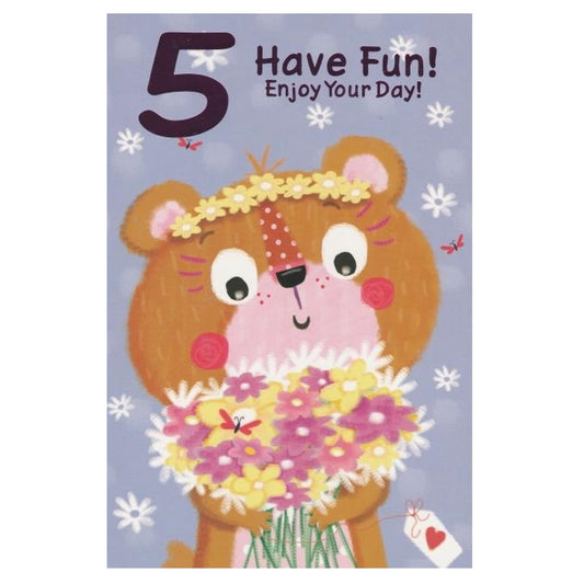 Front of this 5th birthday card features an illustration of a bear holding a flower bouquet, paired with message.