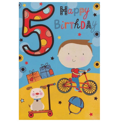Front of this 5th birthday card features an illustration of a boy on a red bicycle, paired with a message.