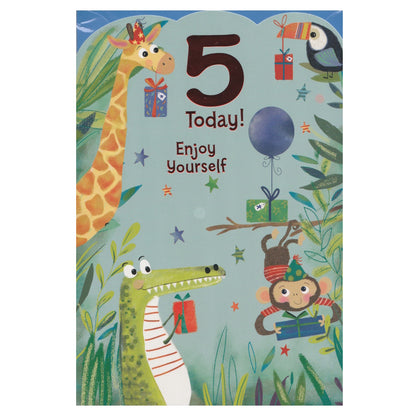 Front of this 5th birthday card features an illustration of jungle animals with the text '5 today! Enjoy yourself'.