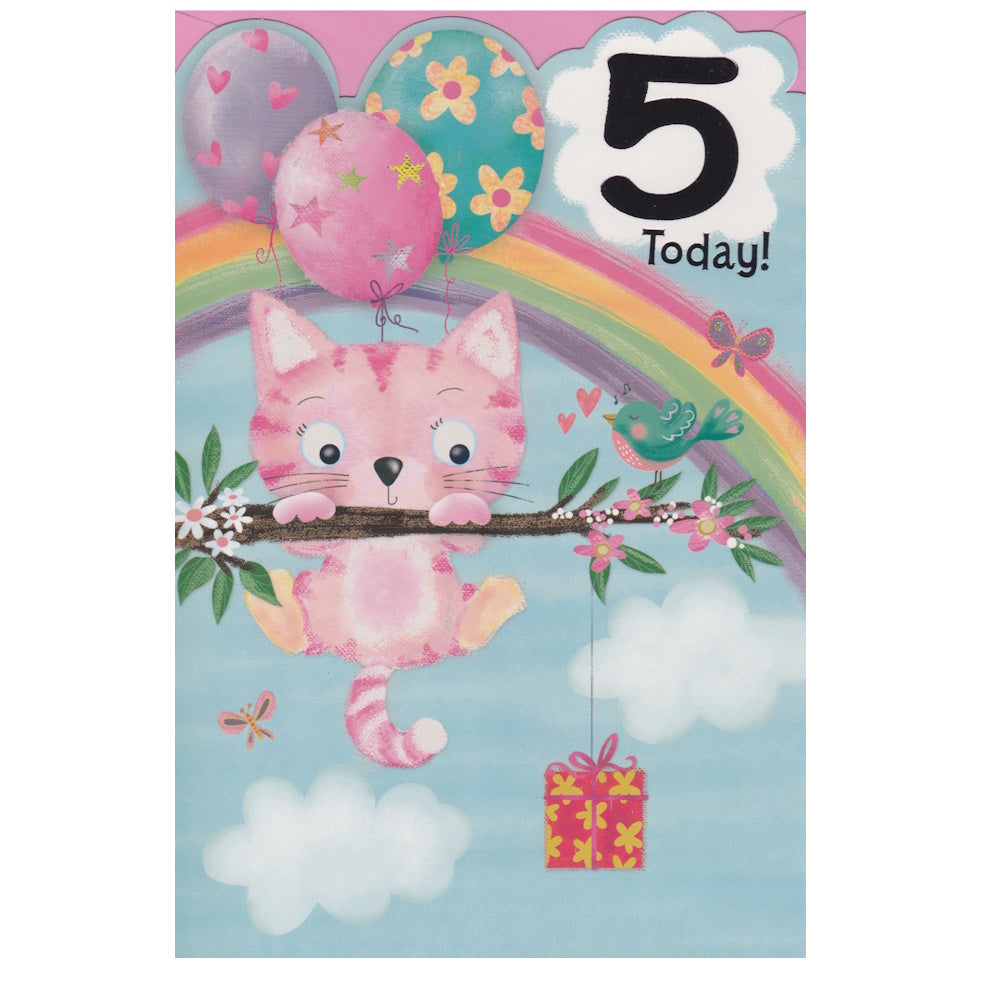 Front of this 5th birthday card features an illustration of pink kitten holding onto a tree branch with a rainbow and balloons, with the text 5 today!.