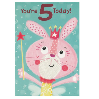 Front of this 5th birthday card features an illustration of a rabbit wearing a pink crown with a white star, paired with a message.