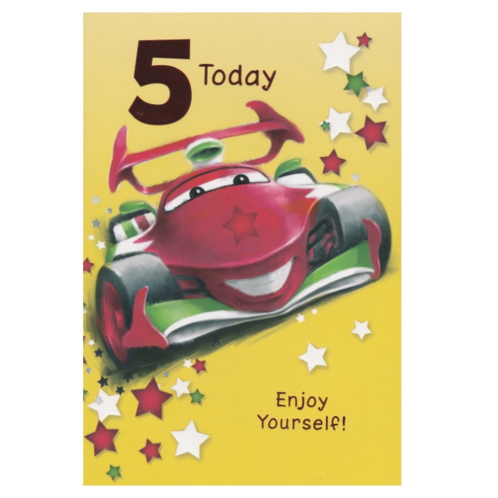 Front of this 5th birthday card features an illustration of a smiling red and green racing car, paired with a message.