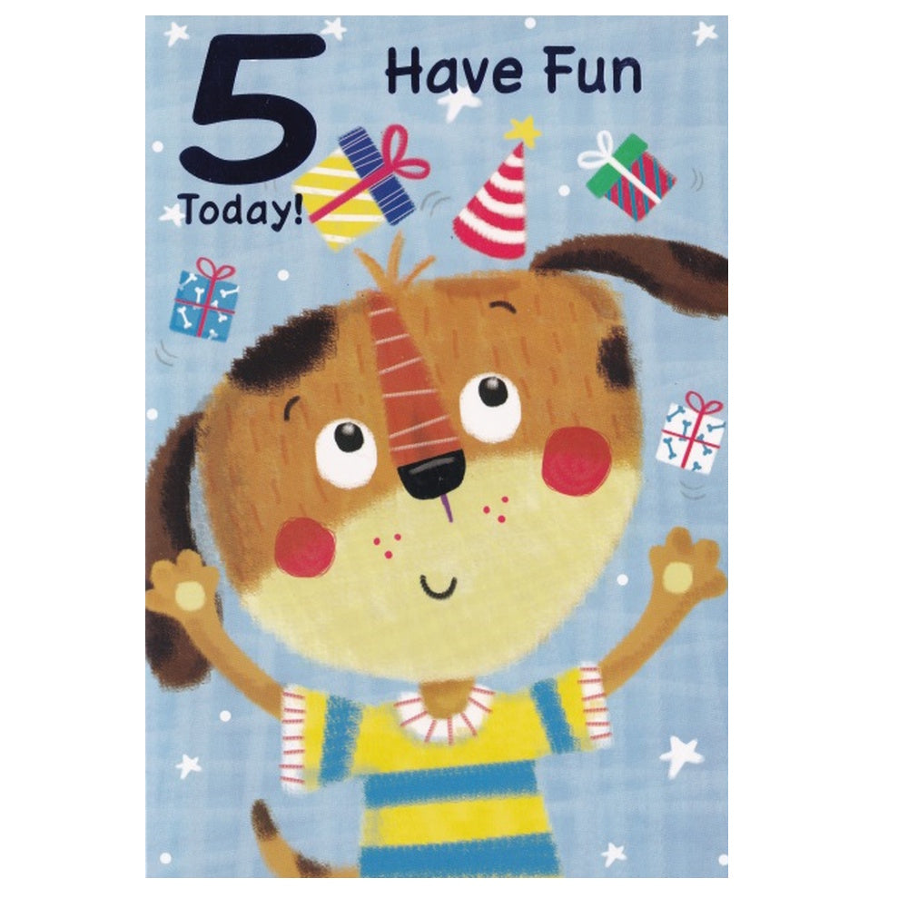 Front of this 5th birthday card features an illustration of a dog wearing a striped t-shirt with presents, paired with a message,.