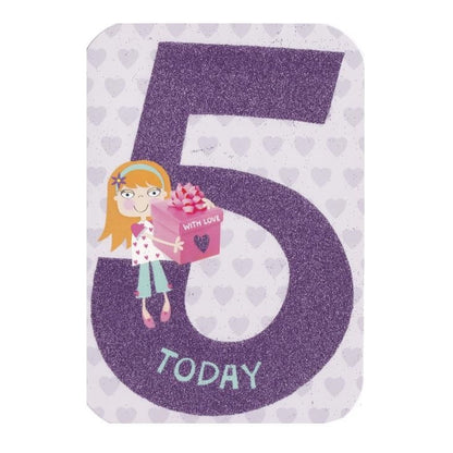 Front of this 5th birthday card features an illustration of a girl with a pink present.