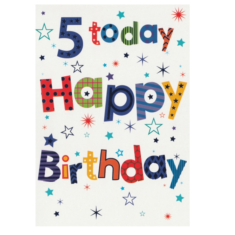 Front of this 5th birthday card features the text '5 TODAY HAPPY BIRTHDAY' surrounded by stars.