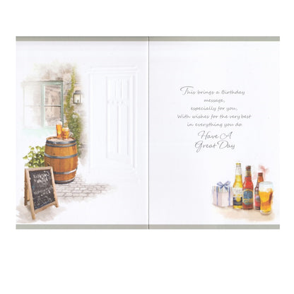 Front of this 60th birthday card features an illustration of a open country pub entrance, paired with message.