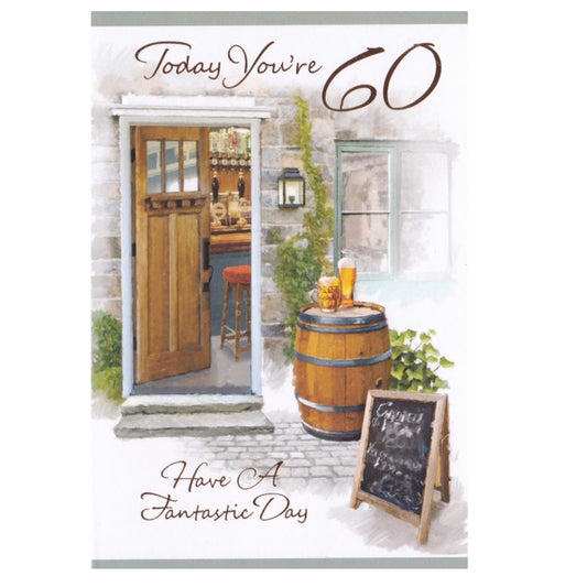 Front of this 60th birthday card features an illustration of a open country pub entrance, paired with message.