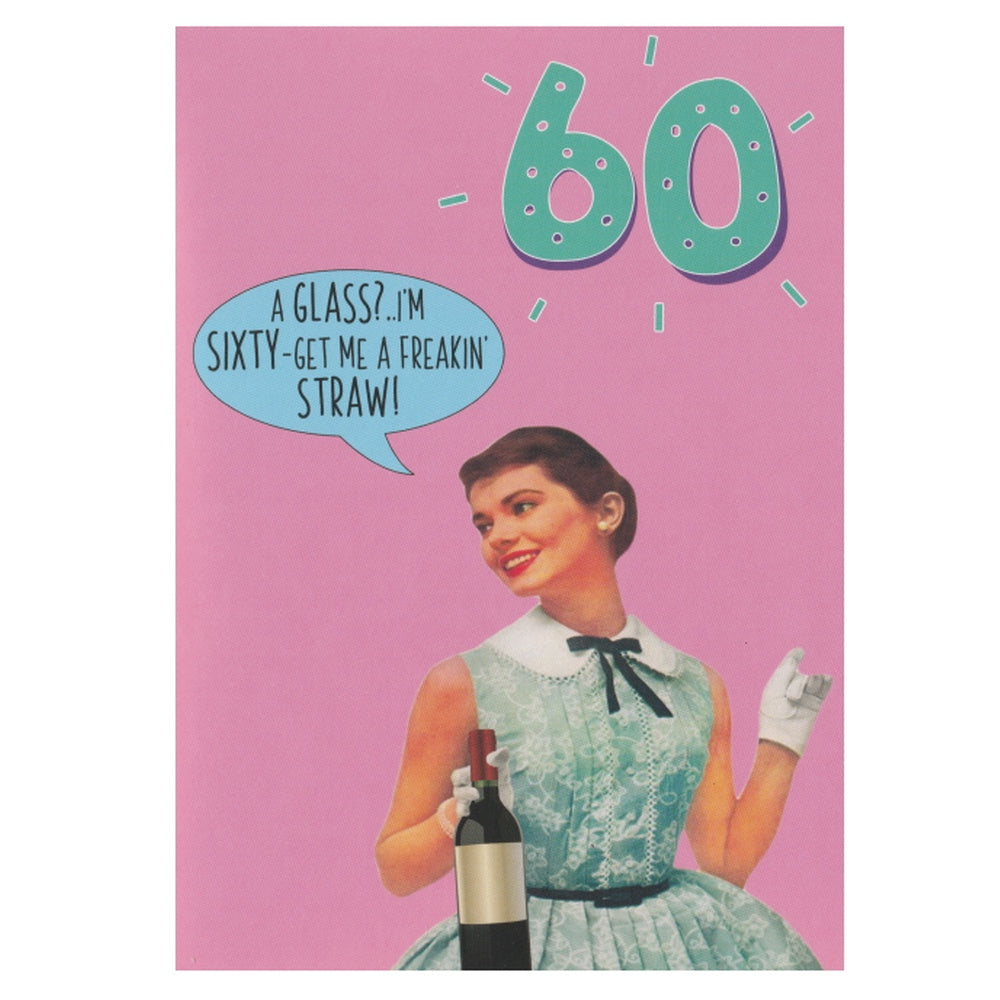 Front of this 60th birthday card features a photograph of a woman in a green dress, paired with a message.