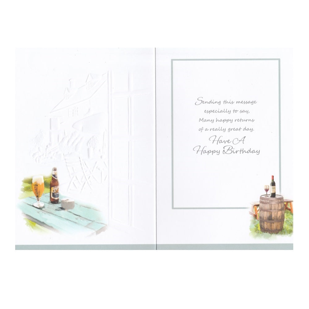 Front of this 60th birthday card features an illustration of a pub setting, paired with a message.
