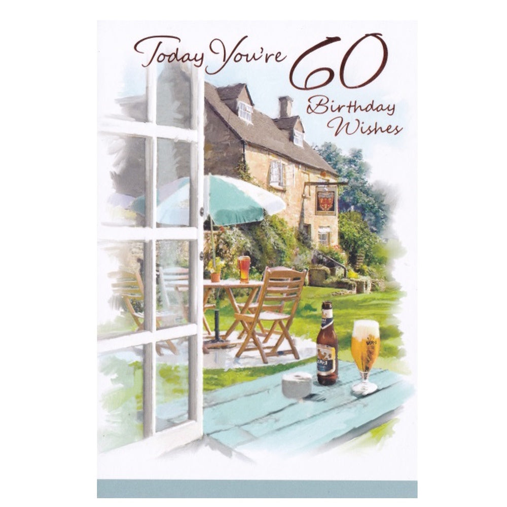 Front of this 60th birthday card features an illustration of a pub setting, paired with a message.