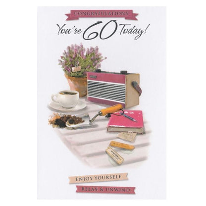 Front of this 60th birthday card features an illustration of a red radio and trowel, paired with a message.