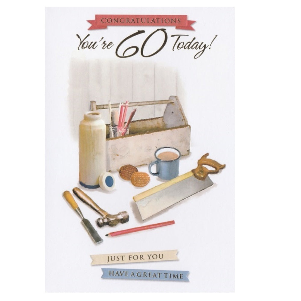 Front of this 60th birthday card features an illustration of a toolbox and various tools, paired with a message.