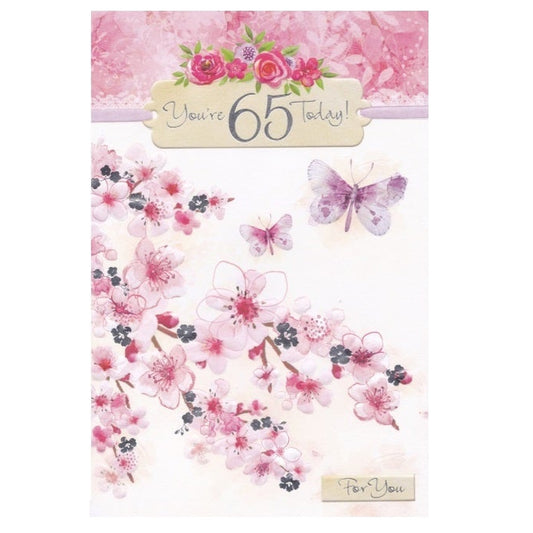 Front of this 60th birthday card features an illustration of a butterflies and pink flowers, paired with a message.