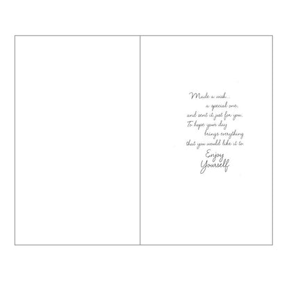 Front of this 65th birthday card features an illustration of a garden table setting, paired with a message.