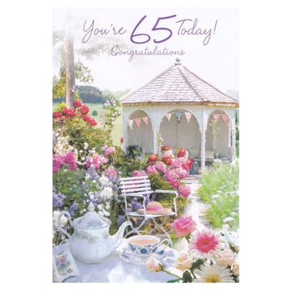 Front of this 65th birthday card features an illustration of a garden gazebo, paired with a message.