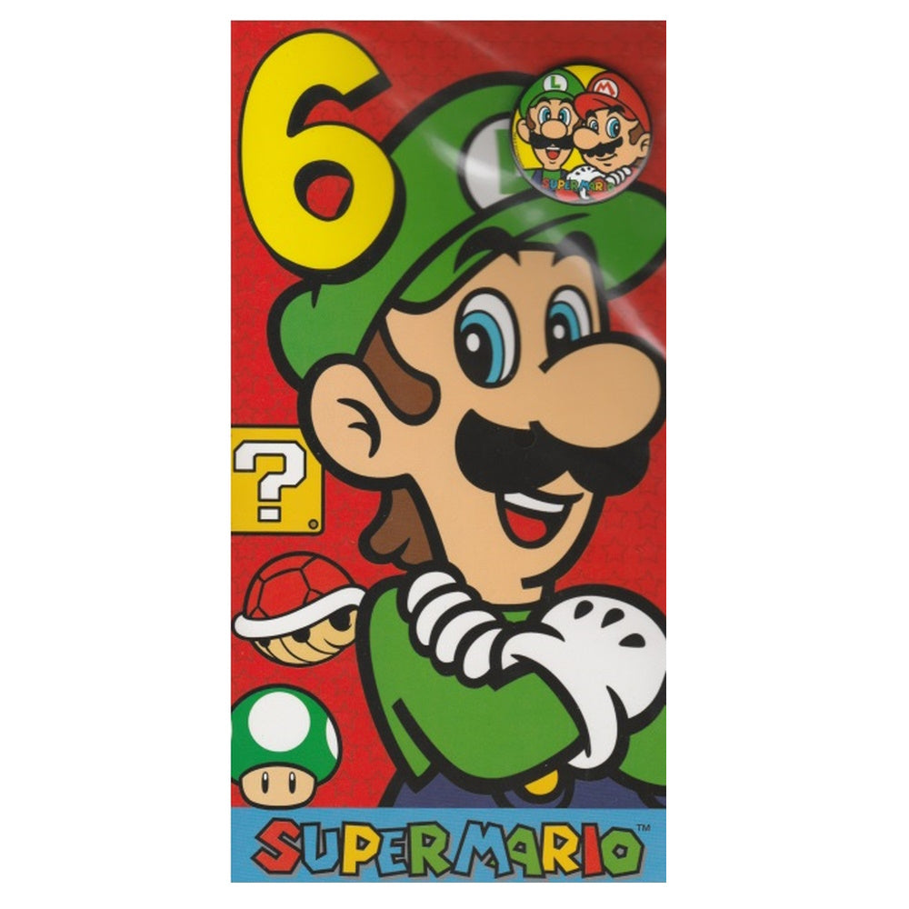 Front of this 6th birthday card features an illustration of Luigi, paired with a message.