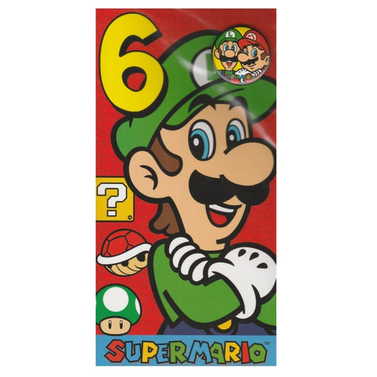 Front of this 6th birthday card features an illustration of Luigi, paired with a message.