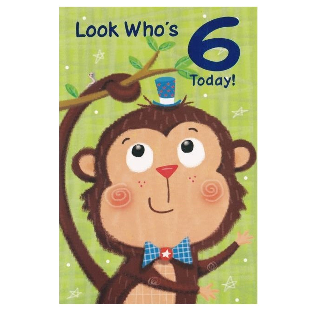 Front of this 6th birthday card features an illustration of a monkey wearing a blue top hat and a bow tie, with the text 'Look Who's 6 Today!'.