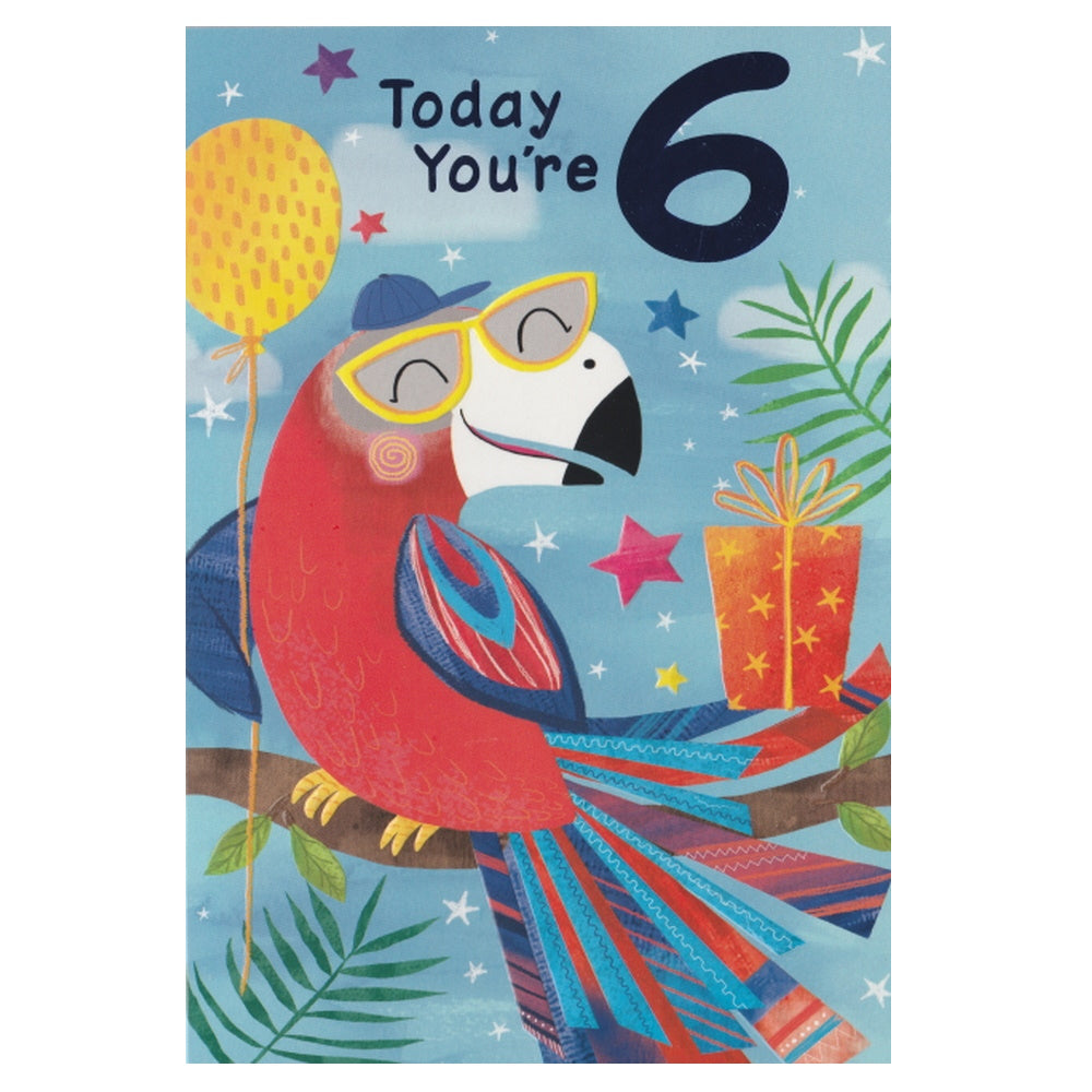 Front of this 6th birthday card features an illustration of a parrot, paired with a message.
