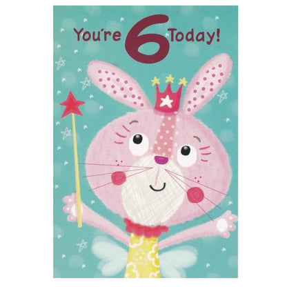 Front of this 6th birthday card features an illustration of a rabbit wearing a crown, paired with a message.
