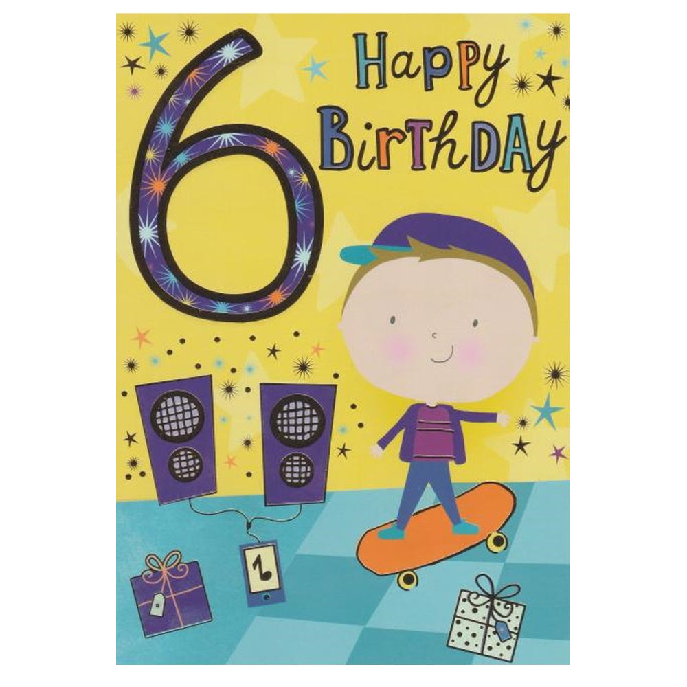 Front of this 6th birthday card features an illustration of a boy with a orange skateboard, paired with a message.