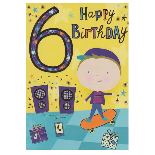 Front of this 6th birthday card features an illustration of a boy with a orange skateboard, paired with a message.