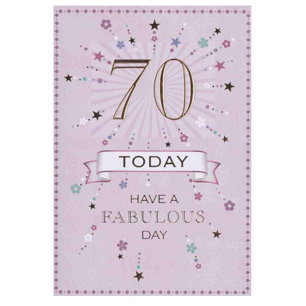 Front of this 70th birthday card features the text '70 TODAY HAVE A FABULOUS DAY' on a purple background with stars.