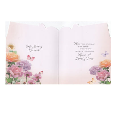 Front of this 70th birthday card features the text 'BIRTHDAY WISHES 70' with illustrations of butterflies and flowers, paired with a message.