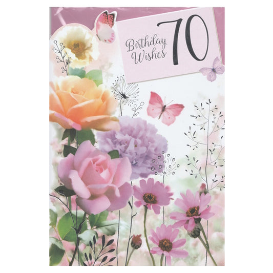 Front of this 70th birthday card features the text 'BIRTHDAY WISHES 70' with illustrations of butterflies and flowers, paired with a message.