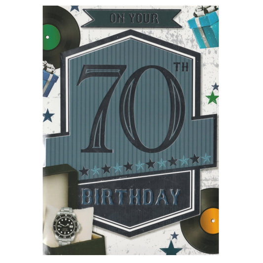 Front of this 70th birthday card features an illustration of a wrist watch and vinyl records, paired with a message.