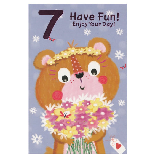 Front of this 7th birthday card features an illustration of a bear holding colourful flowers, paired with a message.